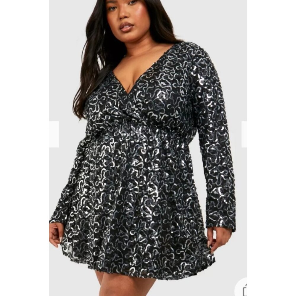 Boohoo Plus Size 16 Dress Felicity Sequin Wrap Skater Black - Picture 1 of 10